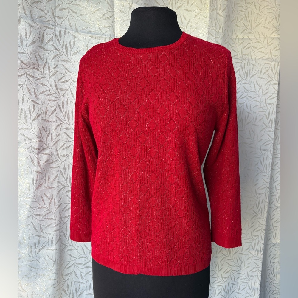 Alfred Dunner Red Crew Neck Sweater With Gold Shimmer